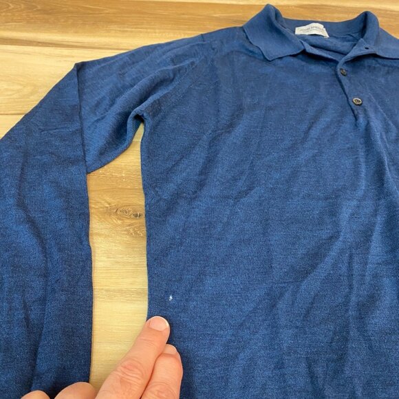 John Smedley Sweater Polo Men Large Made in England 100% Wool Blue Long Sleeve L - Picture 8 of 8